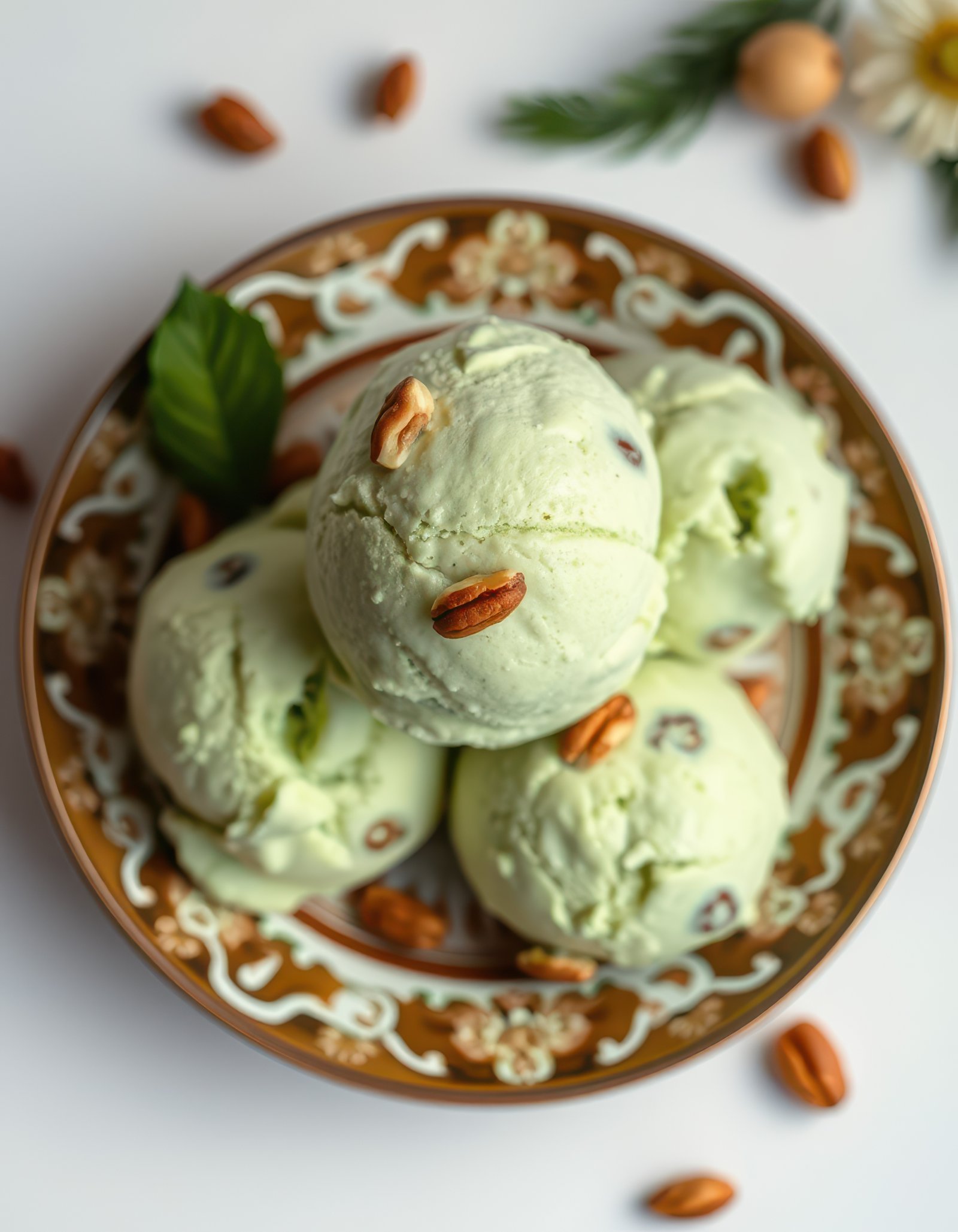 Refreshing mint ice cream served on a decorative plate with nuts and greenery